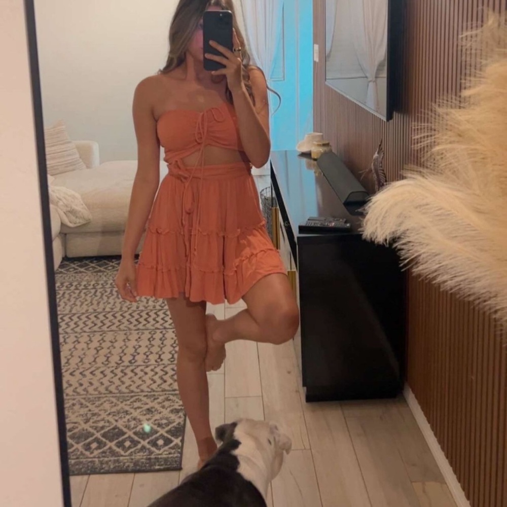 Salmon colored Strapless Ruffle Dress